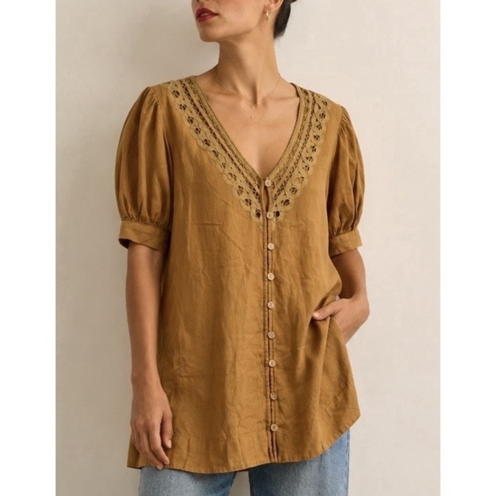 Free People Cottagecore Boho Linen Shirt Dress Tunic Crochet Puff Sleeve XS